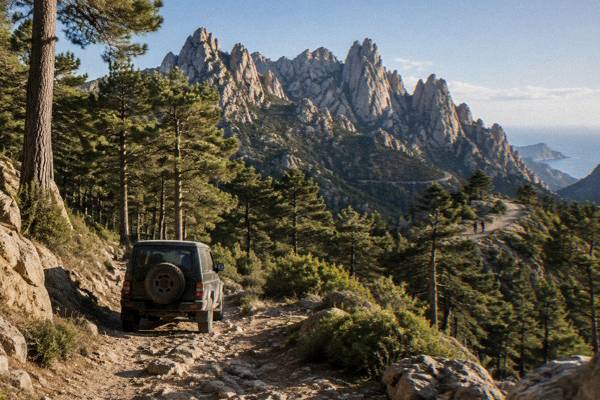 4x4 vehicle on a forest track below jagged granite needles