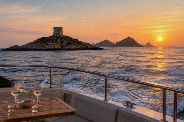 A small tour boat on calm water below an orange sunset sky near low rocky islets