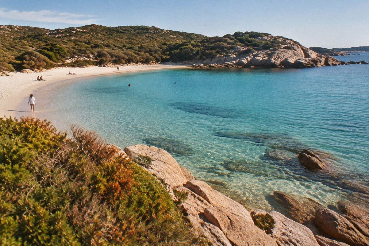 A calm turquoise cove on the Corsican coast with rock formations at the waterline in soft autumn light