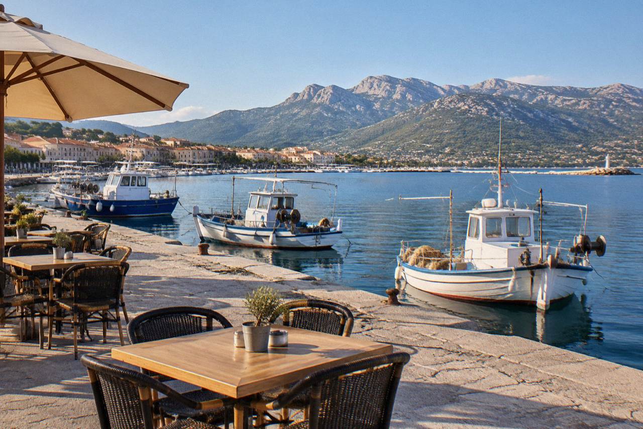 A café terrace beside a harbour on the Corsican coast with fishing boats moored along the quay