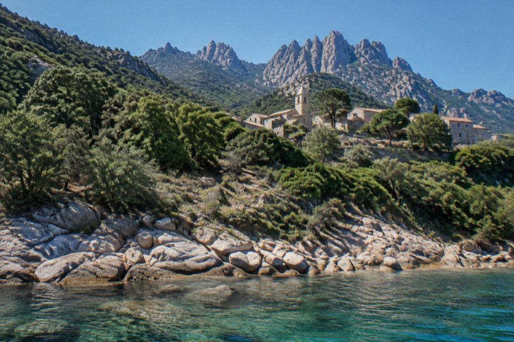 A wooded Corsican mountainside rising above a rocky shoreline with clear water below
