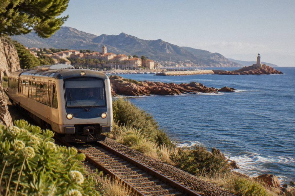 A small passenger train running along the Balagne coast between Calvi and L'Île-Rousse