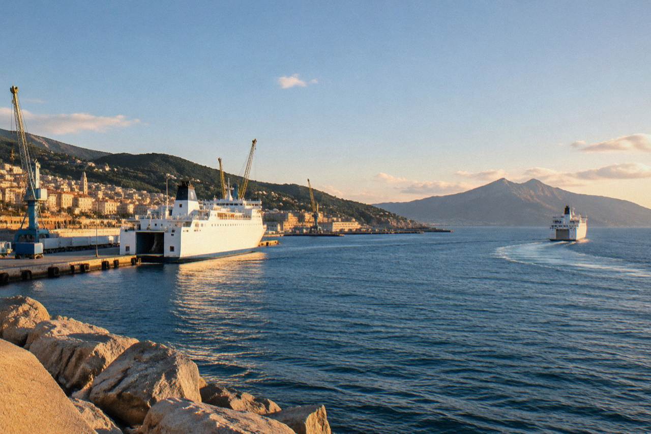 A ferry ship sailing on open blue Mediterranean water towards a mountainous island coastline