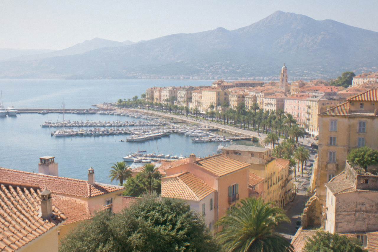 The waterfront of Ajaccio with its bay and hills behind the town