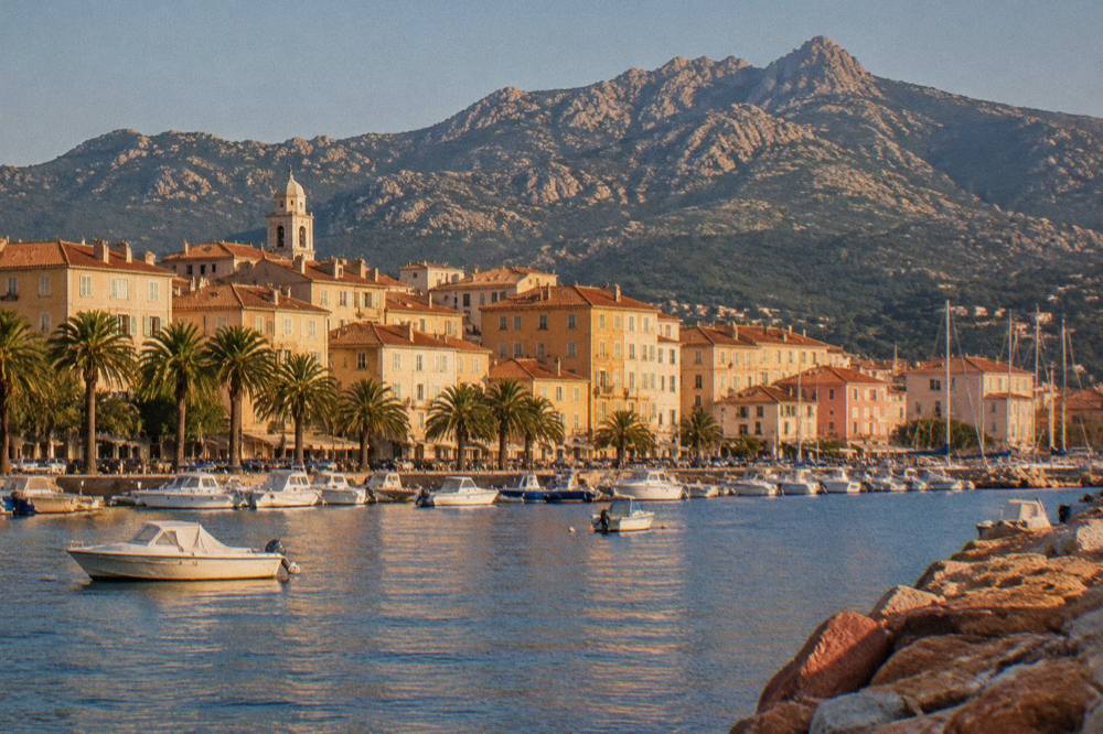 Red granite cliffs above blue water on the coast north of Ajaccio