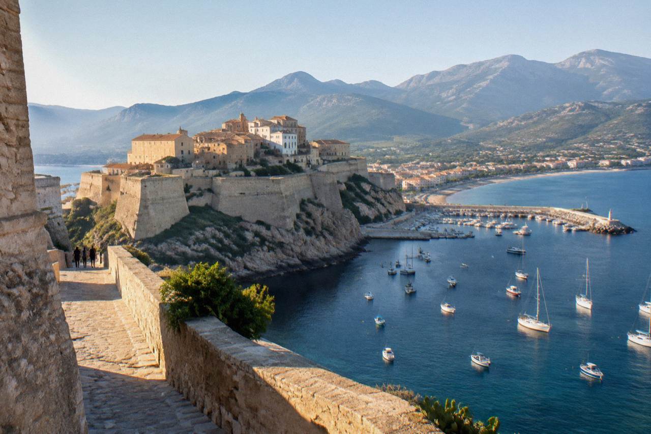 The harbour and Citadel of Calvi on the northwest coast of Corsica, with boats at anchor in the bay