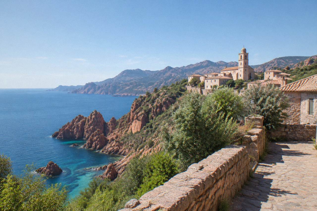 Red granite cliffs above turquoise water on the Corsican coast near Piana