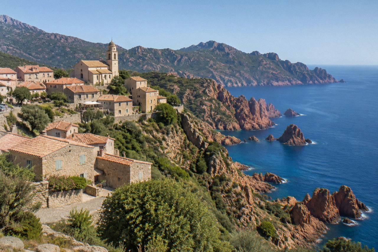 Red granite cliffs above blue Mediterranean water near Piana in Corsica