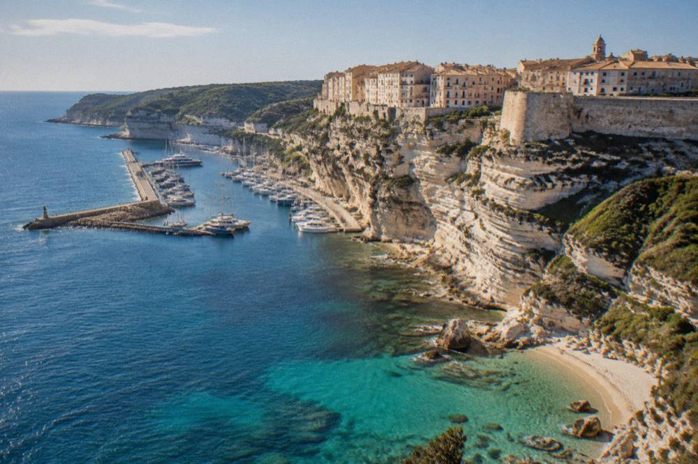 Turquoise water and a sandy cove near Bonifacio in southern Corsica