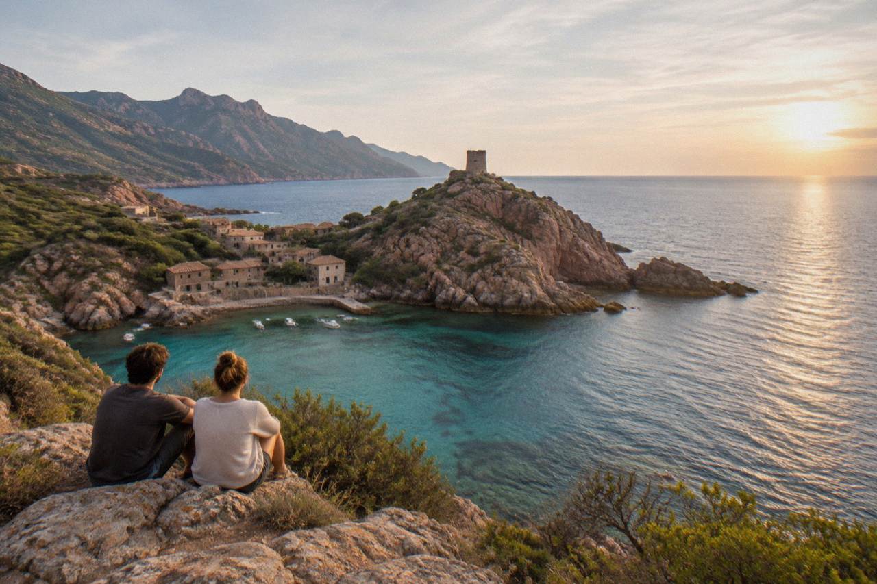 A couple watching the sunset over red granite cliffs and the Mediterranean sea from a coastal viewpoint in Corsica