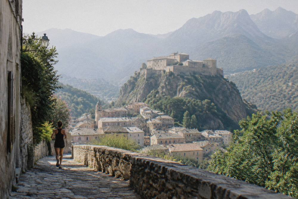 A fortress on a rocky spur above a town surrounded by forested mountains