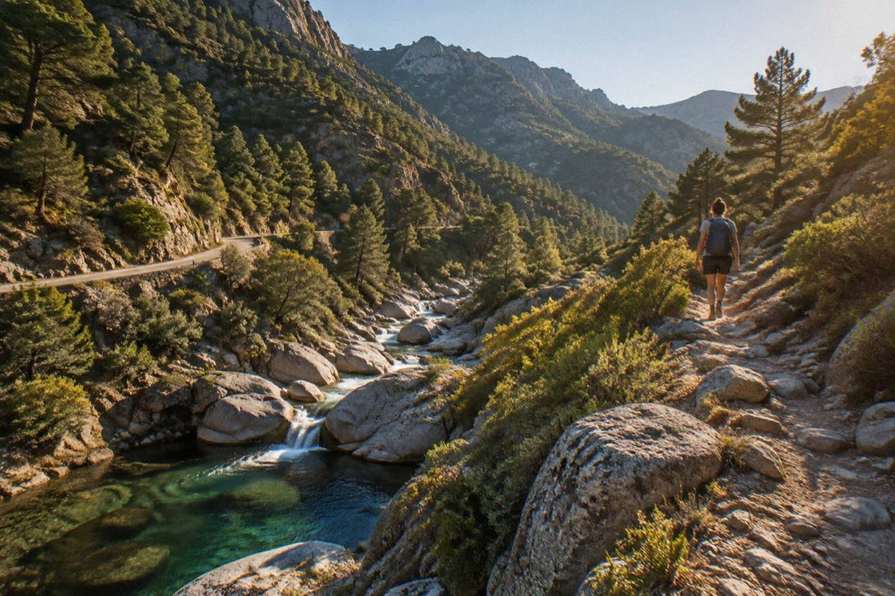 A lone hiker with a backpack walking a rocky mountain ridge path in Corsica under a clear sky