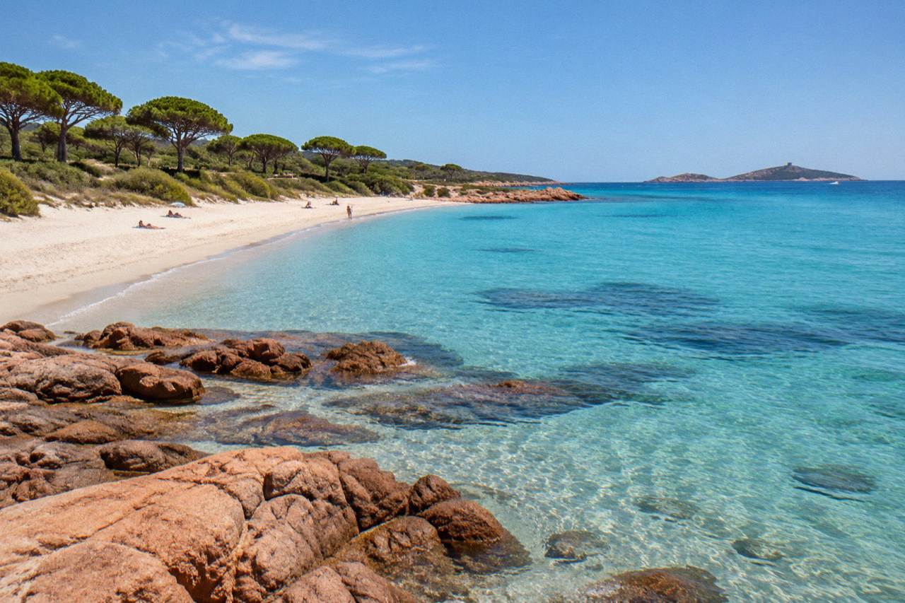 A wide sandy beach on the southeast coast of Corsica near Porto-Vecchio, with clear shallow water and umbrella pines along the shore
