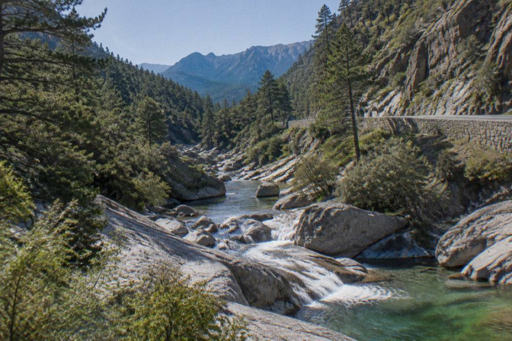 Pine forest and granite cliffs along a mountain road above a Corsican river
