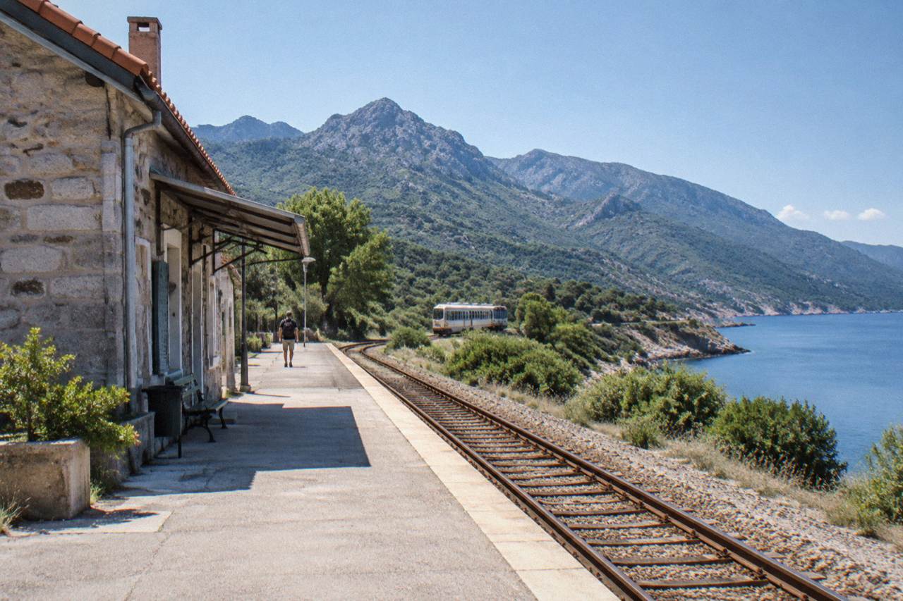 A small Corsican train travelling along the coast near green hills