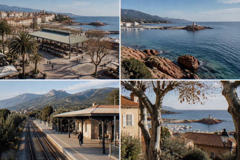 A Corsican railway station platform with hills in the background