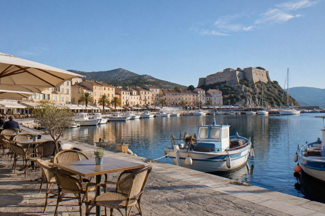A café terrace beside a Mediterranean harbour with fishing boats moored along the quay