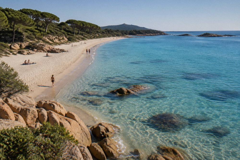 A wide sandy Corsican shoreline curving toward a low headland under a clear sky