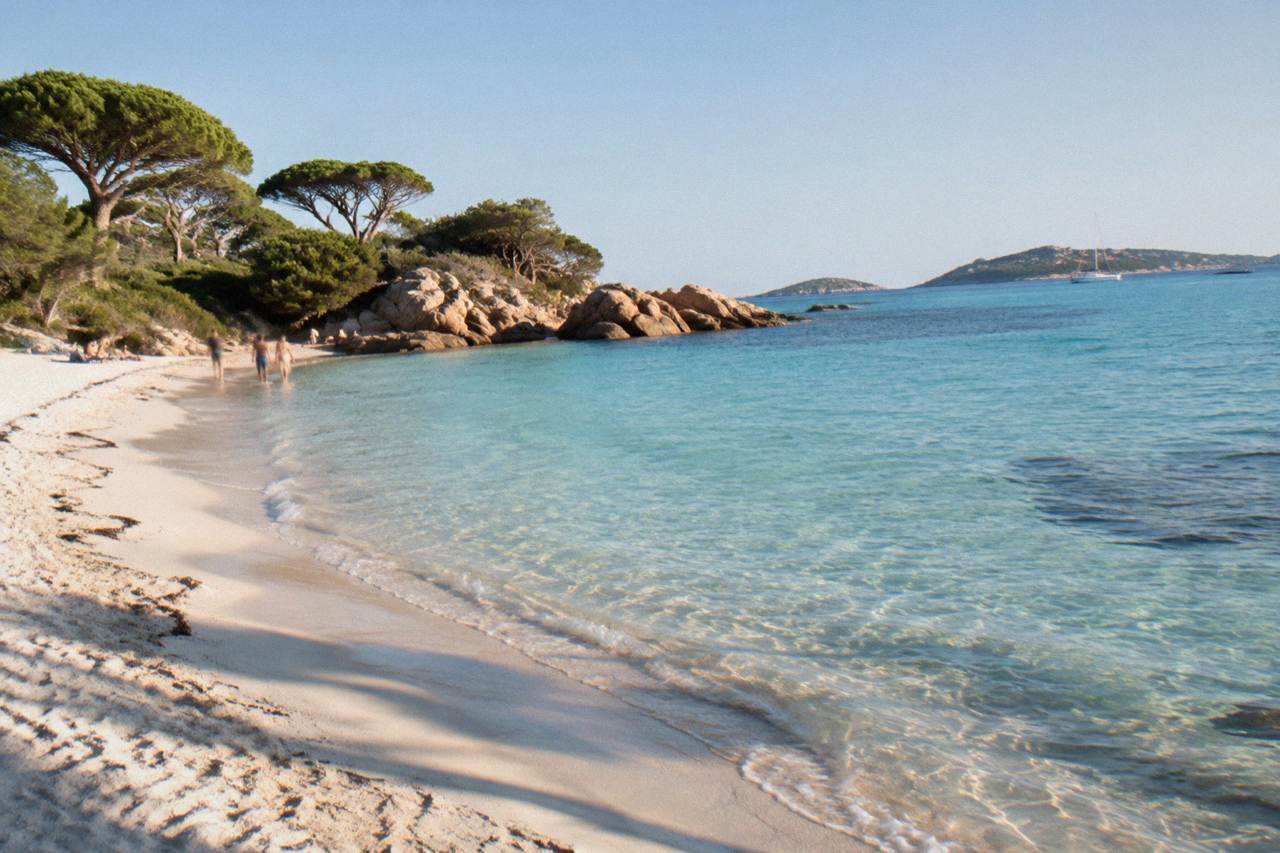 A calm turquoise cove on the Corsican coast with rocky headlands under a clear sky