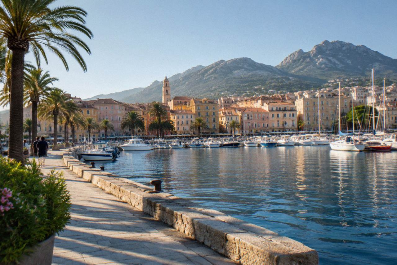 The waterfront of Ajaccio with its bay and hills in the background