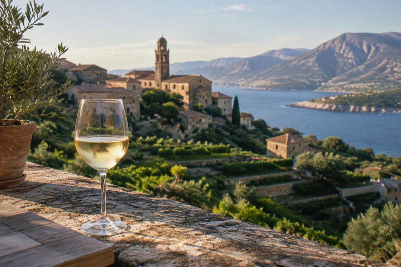 A glass of Corsican white wine on a terrace above the sea