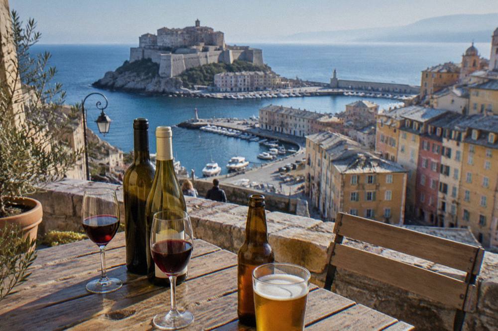Bottles of Corsican wine and a local beer on a wooden table in a village square