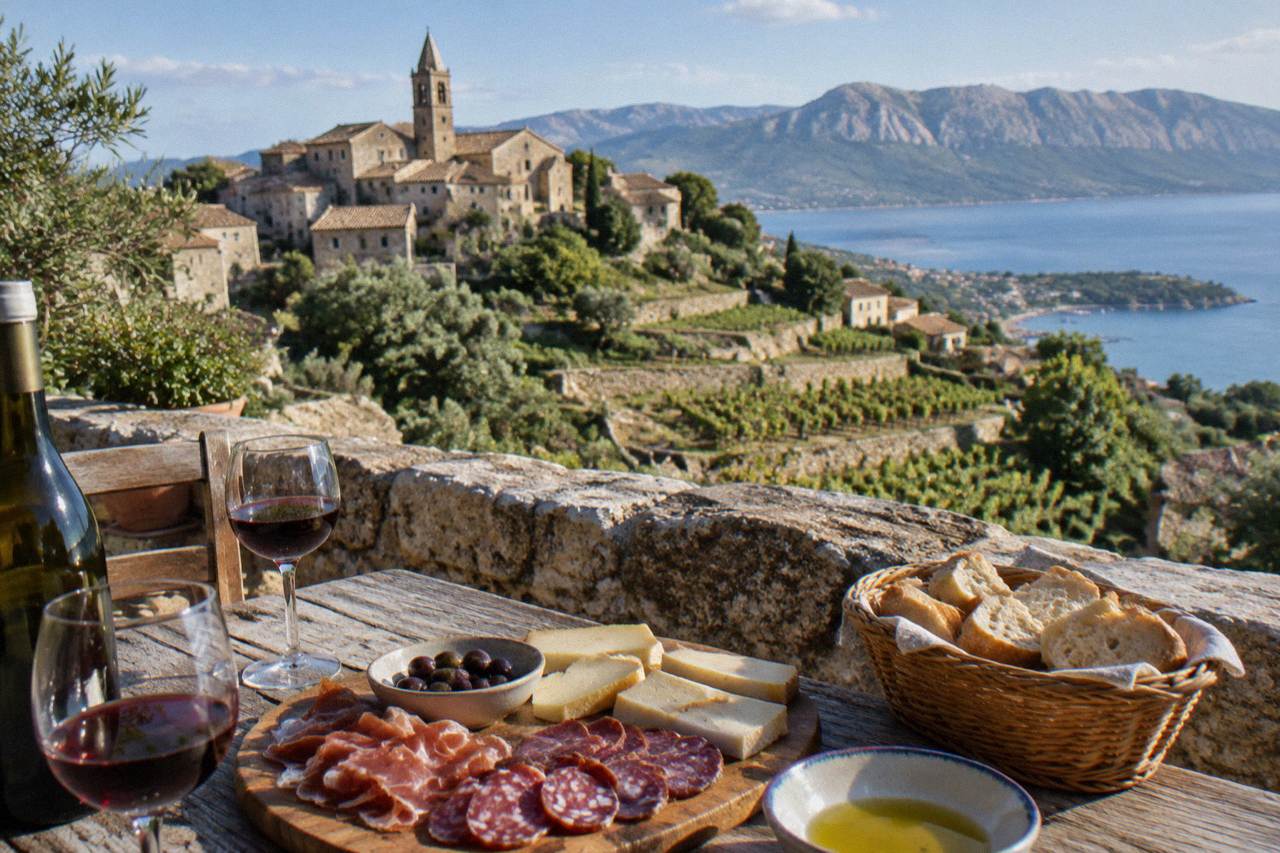 A table of Corsican charcuterie and cheese with bread and wine