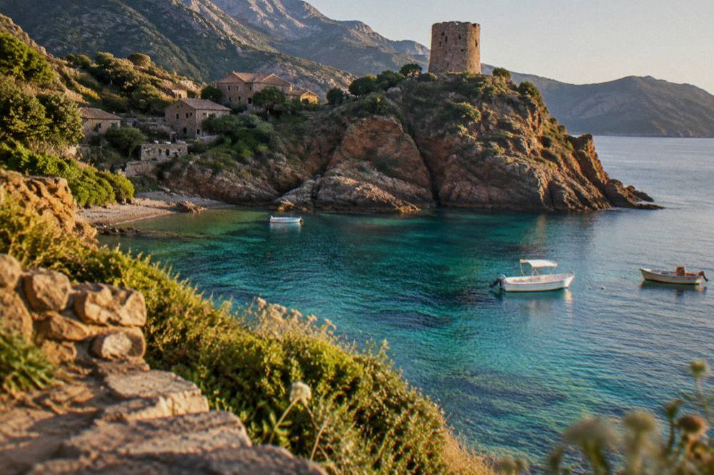 Cliffs and a Genoese tower above a turquoise cove on the Corsican shoreline