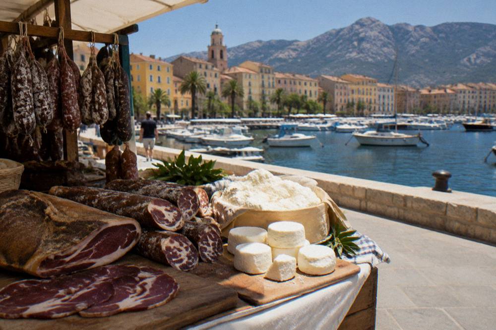 Cured Corsican charcuterie and brocciu cheese on a market stall counter
