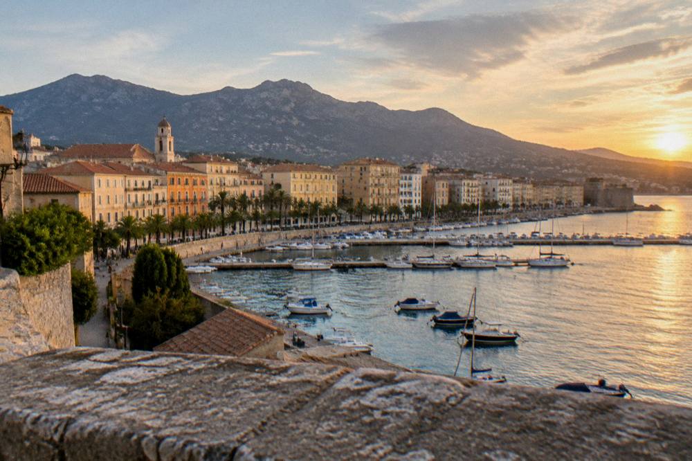 Evening light over the rooftops and bay of Ajaccio