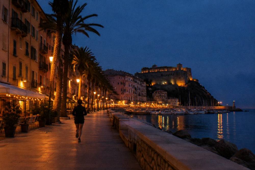 The Bastia seafront promenade at dusk with palm trees and the citadel silhouetted