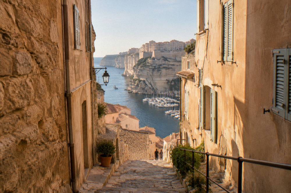 A narrow stone lane in the old town of Bonifacio lined with tall narrow houses