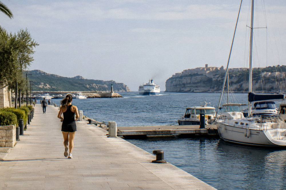 A ferry entering the strait between Corsica and Sardinia with Bonifacio's cliffs in the background