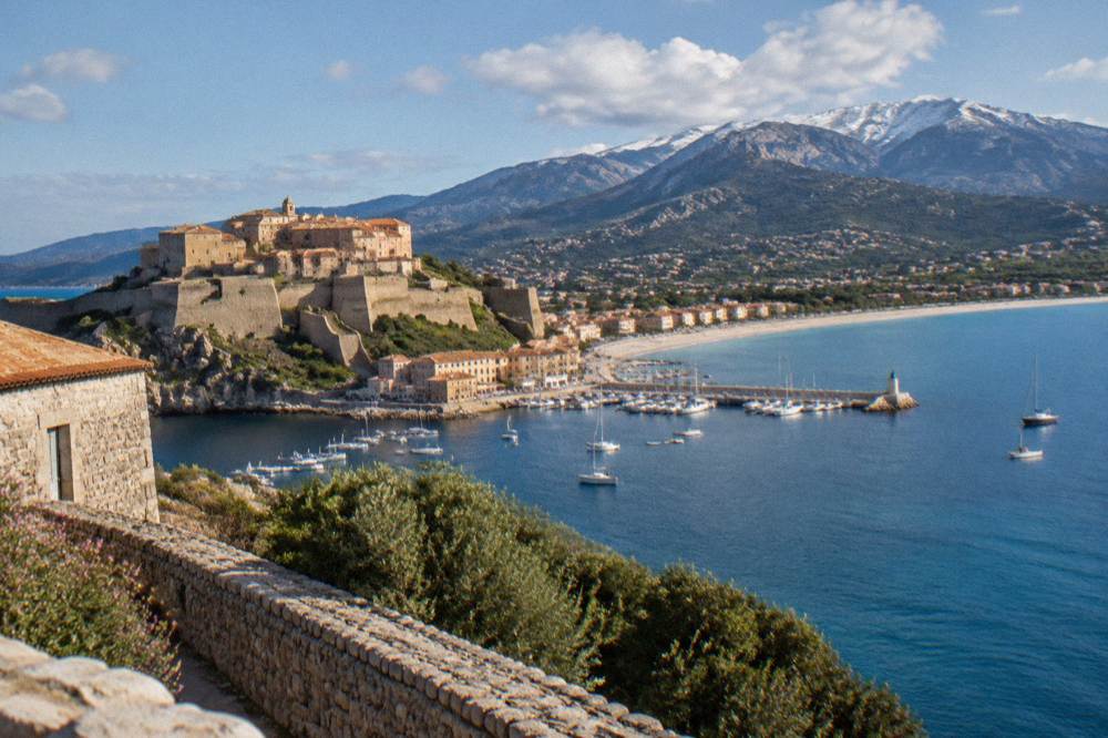 A citadel on a headland above a long curved bay