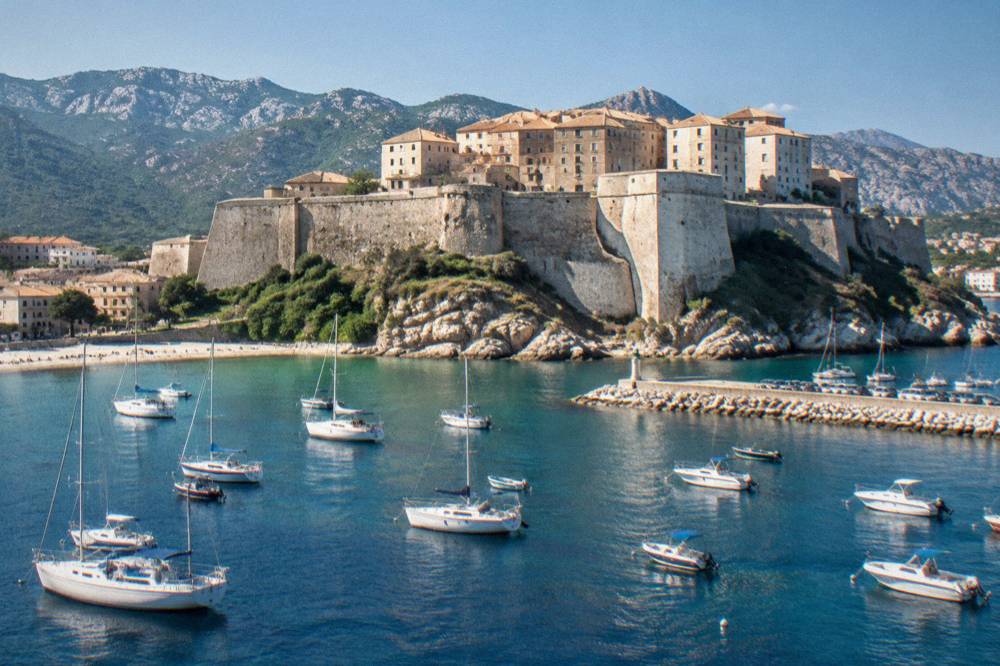 The ramparts of Calvi citadel seen from the harbour with boats moored below