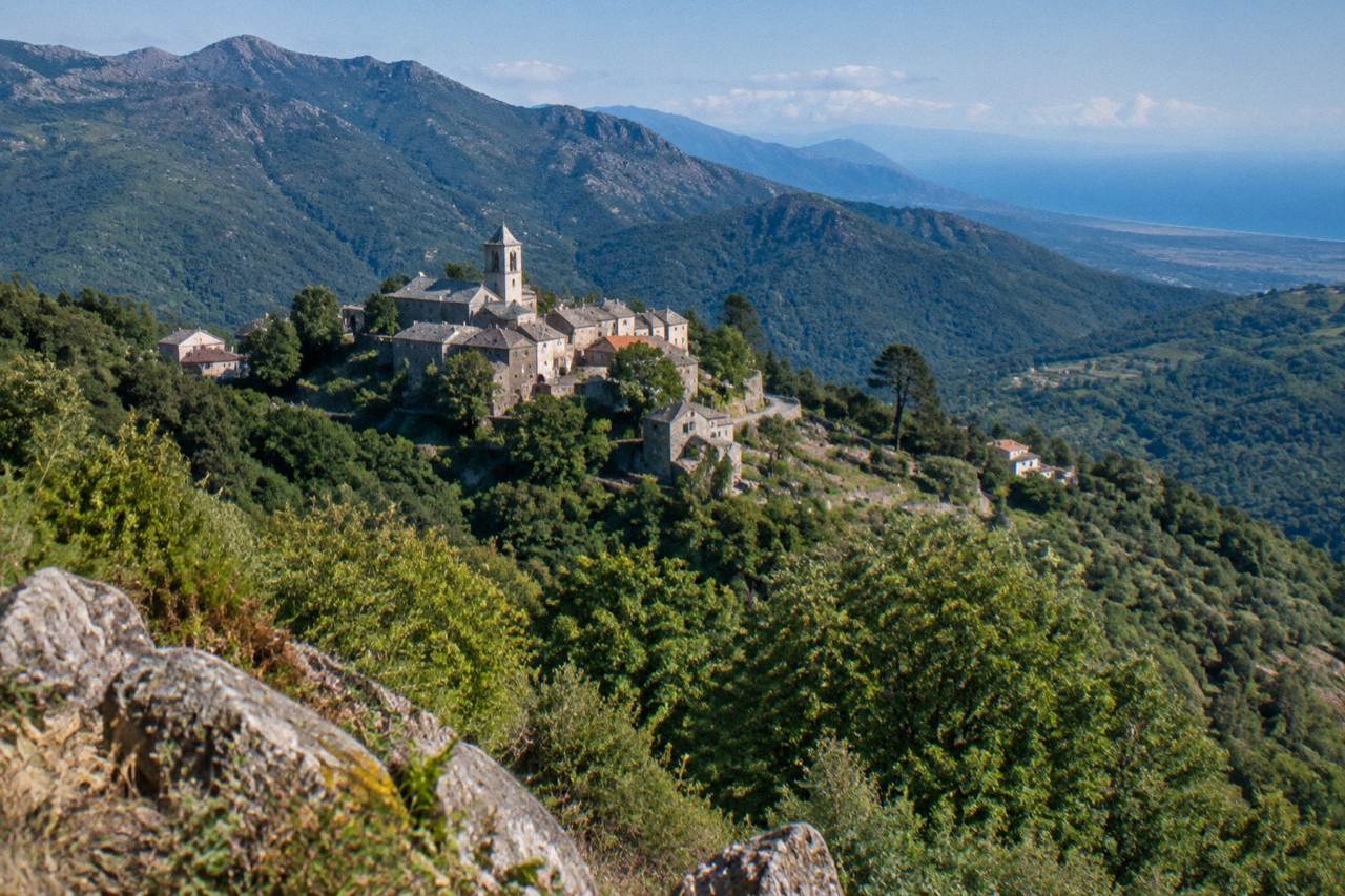Forested hills of the Castagniccia region rising above the eastern plain of Corsica