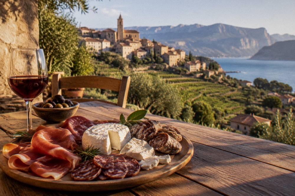 A platter of Corsican charcuterie and brocciu cheese on a wooden table