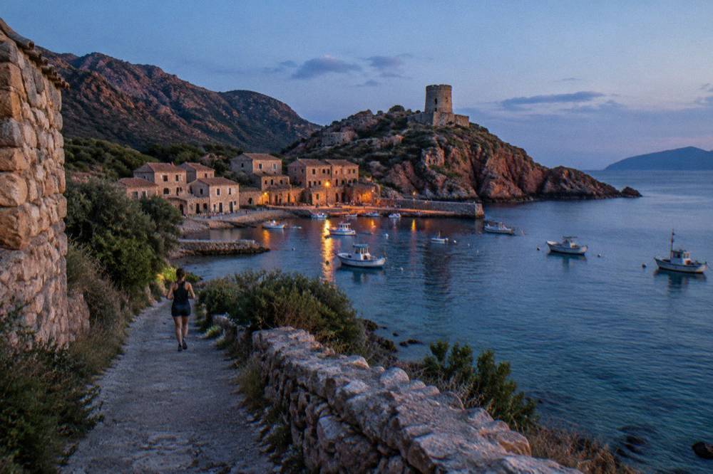 Fishing boats and stone houses along the waterfront of Girolata on the Gulf of Porto