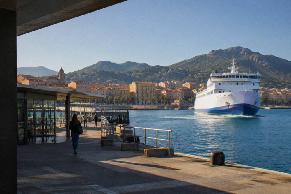 Ferry ship entering a Corsican harbour with hills behind the town