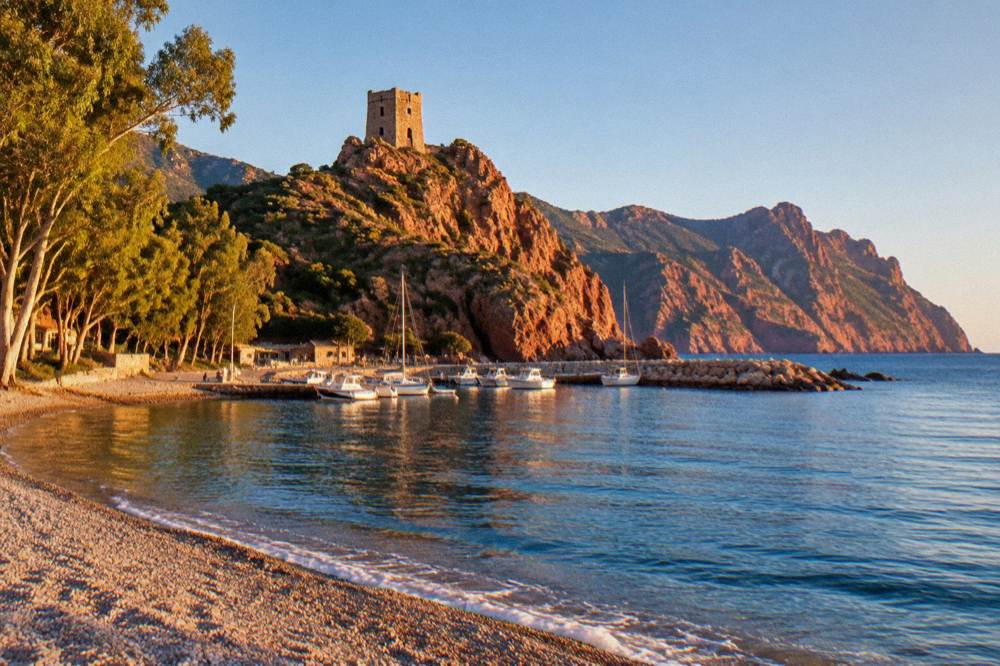 Red granite cliffs plunging into a deep blue gulf