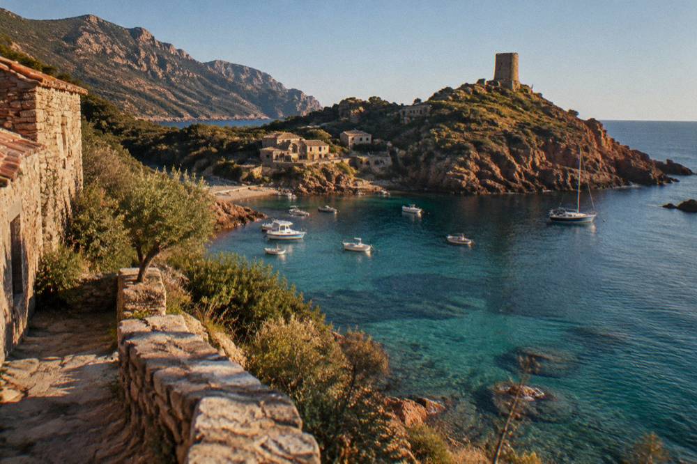 The small anchorage of Girolata on the Gulf of Porto in Corsica
