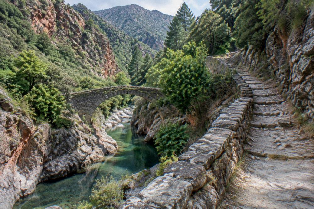 A stone path climbing through the Gorges de Spelunca above Porto in Corsica