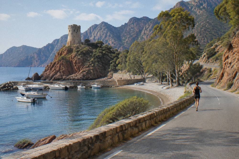 The coast road winding above the red rocks between Porto and Piana in Corsica