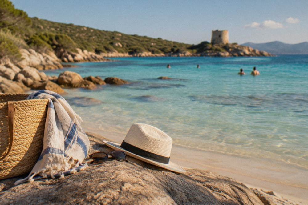 Turquoise shallows over pale sand at a wild Corsican beach backed by low green scrub