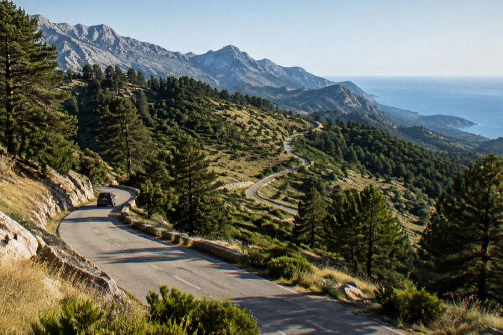A winding road through green Corsican hills with the sea visible in the distance