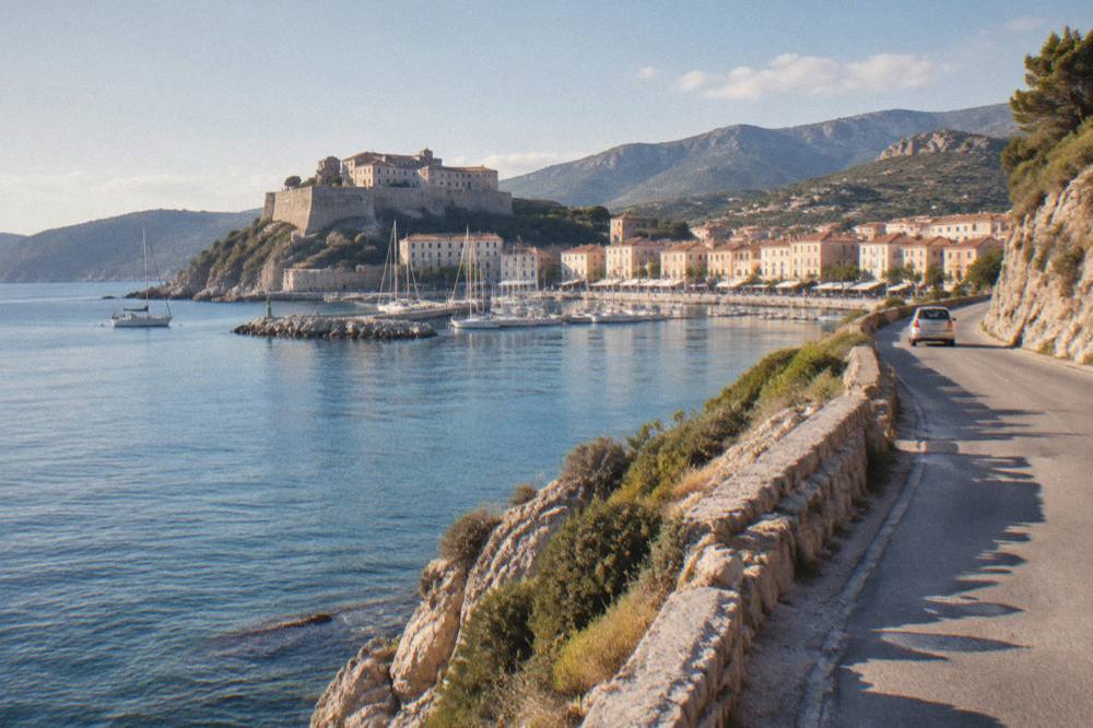 A narrow coast road winding along a rocky Mediterranean headland with sea on both sides