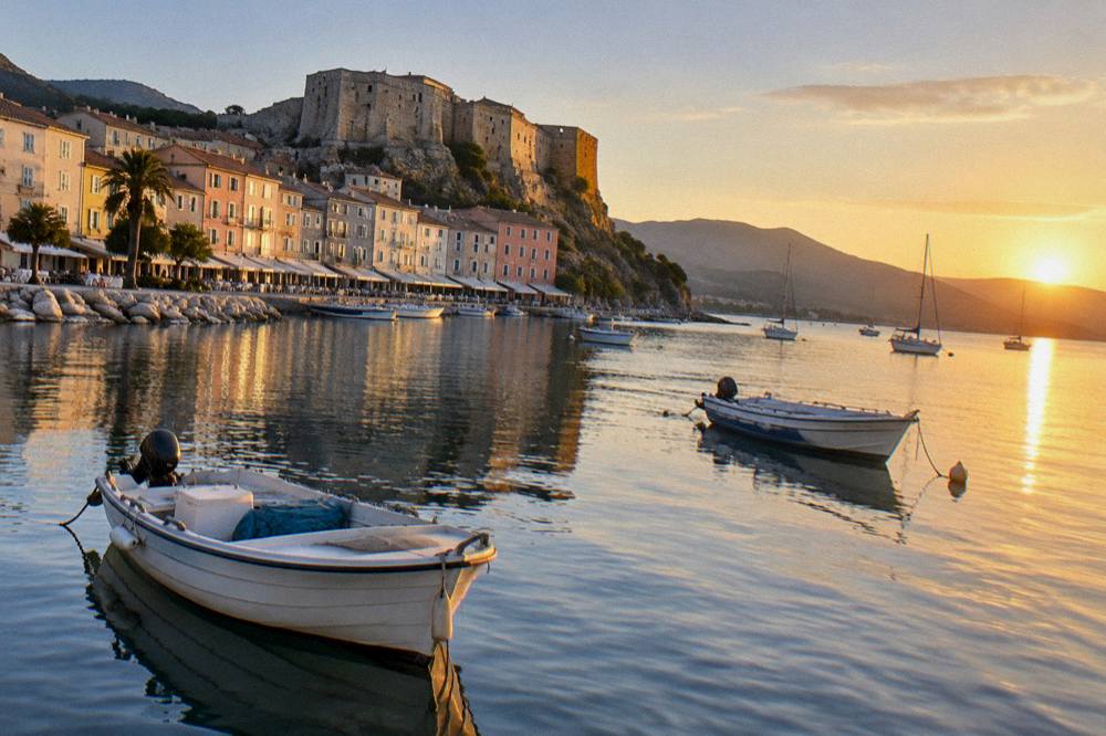 Sunset light on a calm Mediterranean bay with a few small boats at anchor
