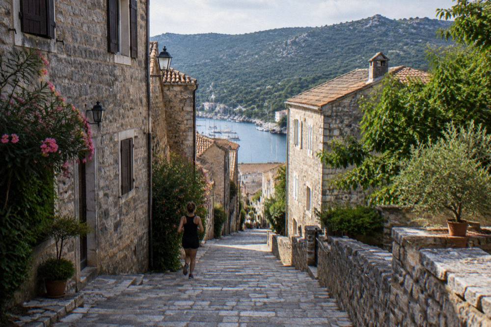 A small marina with moored sailing boats and wooded hills behind