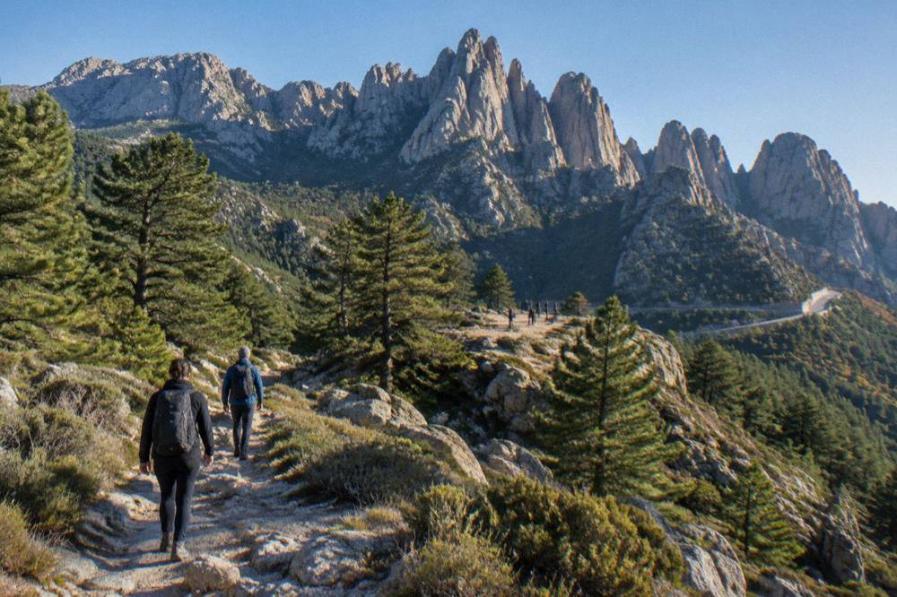 Walkers on a forest path below granite needles