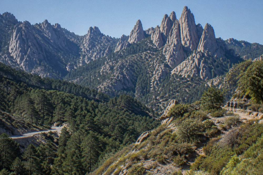 Morning light on the granite spires of the Bavella massif with forest below